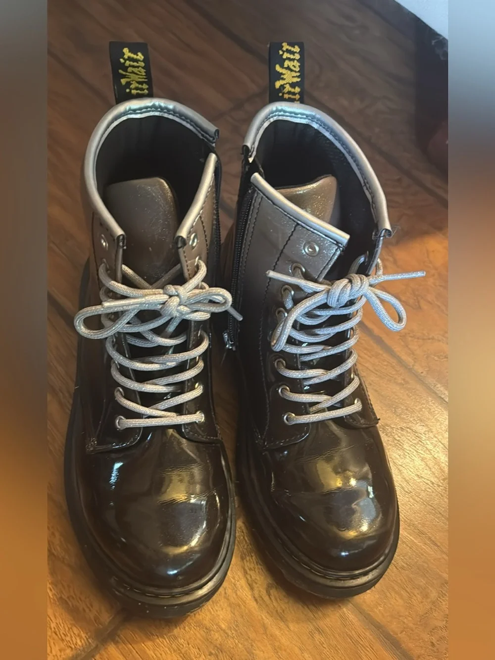Dr. Martens Black Patent Leather Boots with Silver Laces